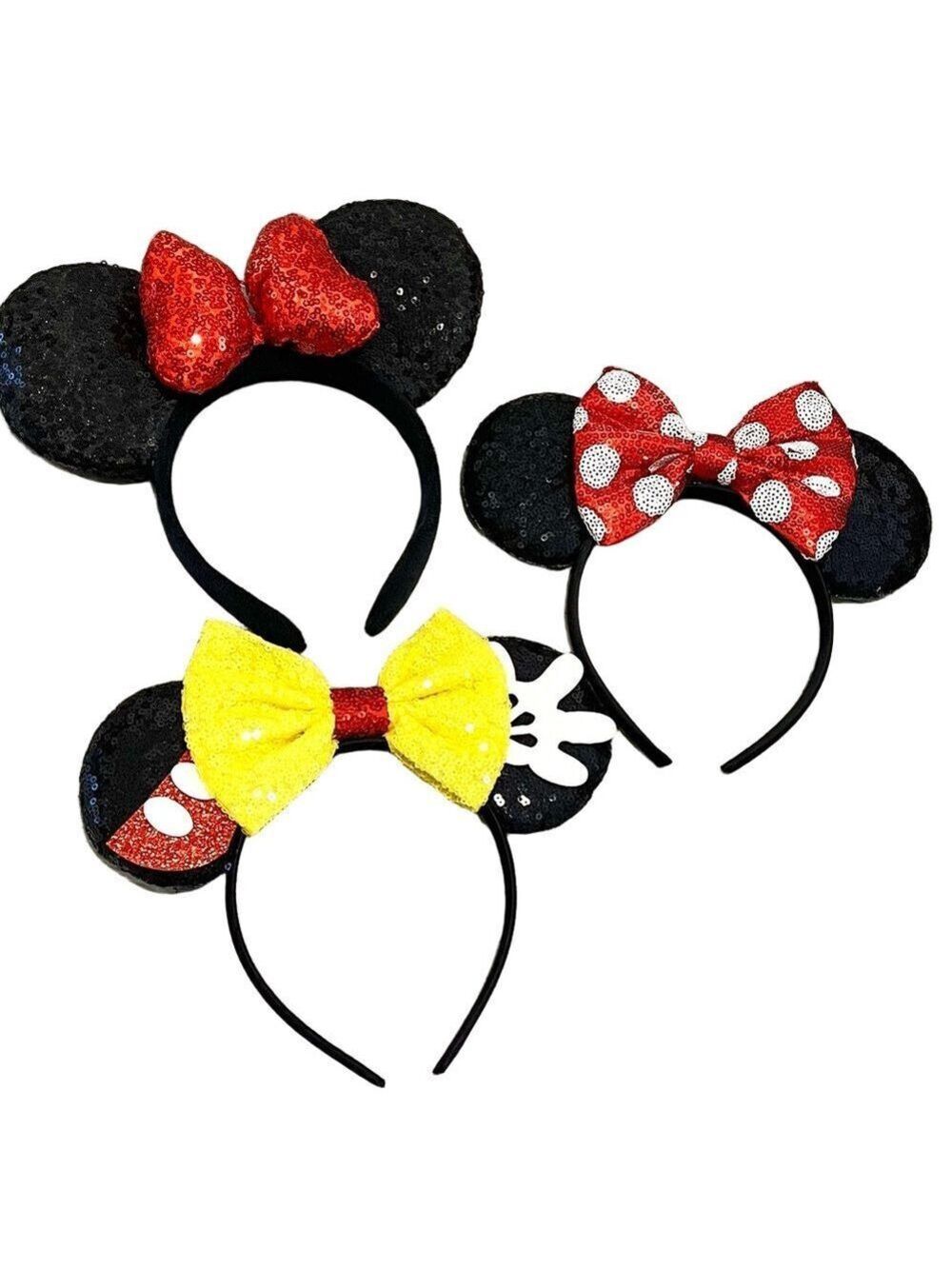 Disney Mickey & Minnie Mouse Ears Set of 3 Sparkling Mouse Ear With Bow Headband